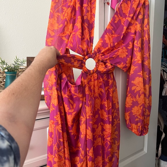Pink and Orange floral long sleeve maxi dress with cutouts. - Picture 6 of 8